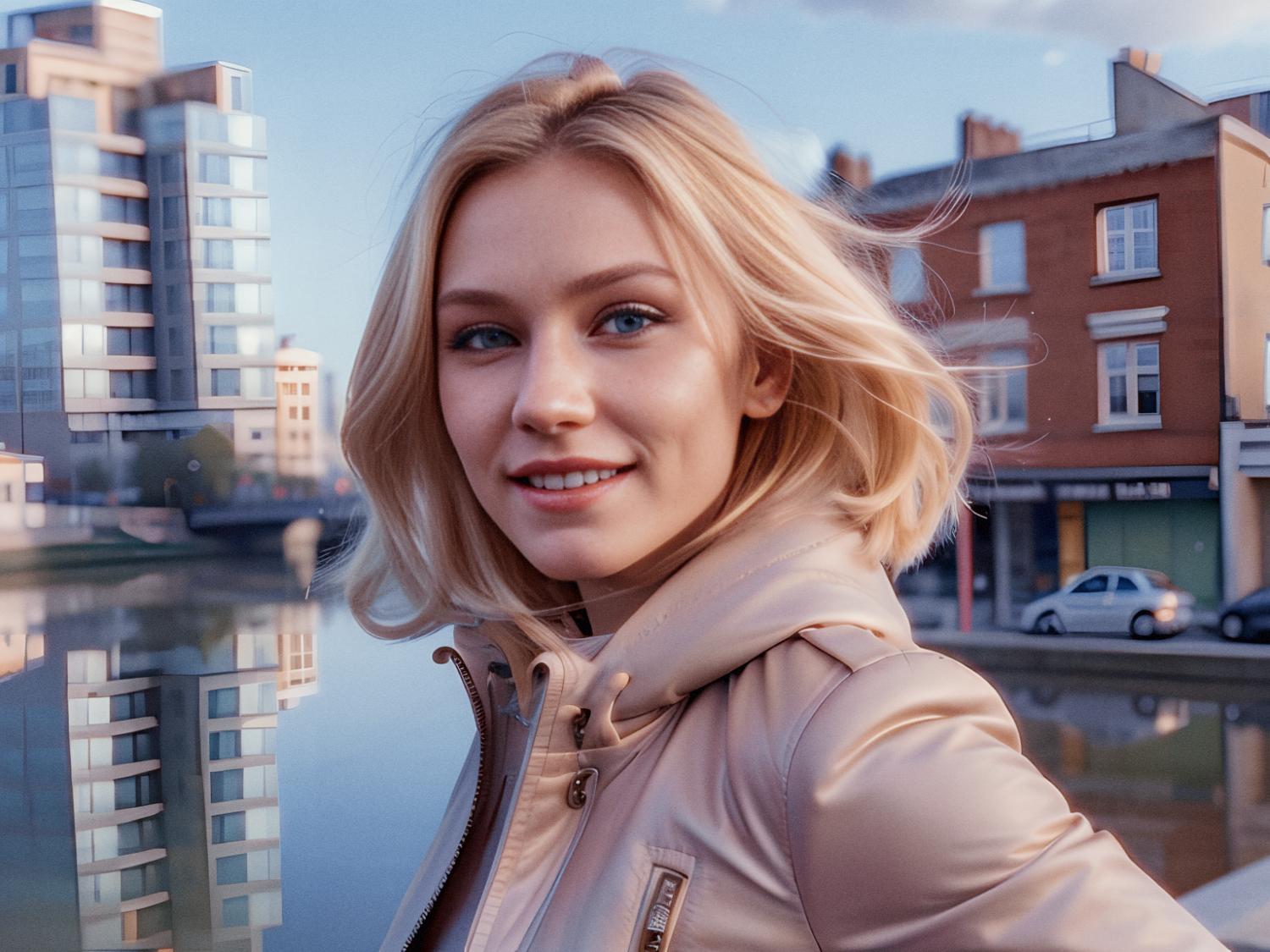 A young blonde woman beams at the camera, flaunting her chic Neoprene Messenger Bag. Dressed in a beige jacket, she stands by urban waterfront buildings under a clear blue sky. Perfect weather to explore city fashion!