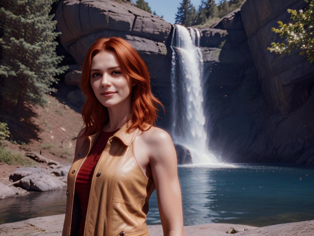 A red-haired person exudes style in a beige vest over a red top, sporting an Ita Messenger Bag by a serene waterfall framed with greenery and cliffs.