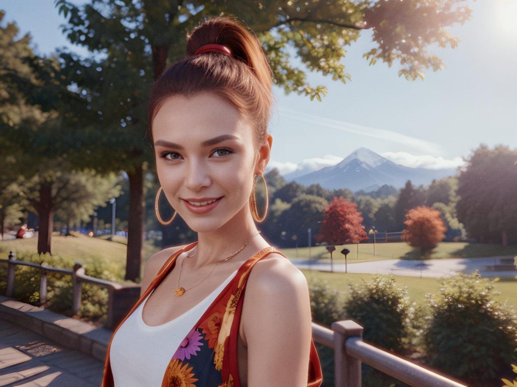 A young woman with a high ponytail beams outdoors, donning large hoop earrings, a white top, a floral overgarment, and a chic messenger bag. Trees and mountains frame the clear sky.
