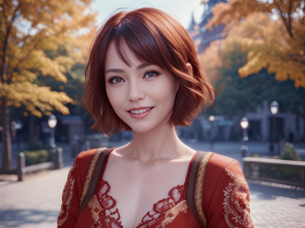 A woman with stylish auburn hair and bangs smiles in a chic orange lace dress, carrying a trendy neoprene messenger bag. Autumn park vibes.