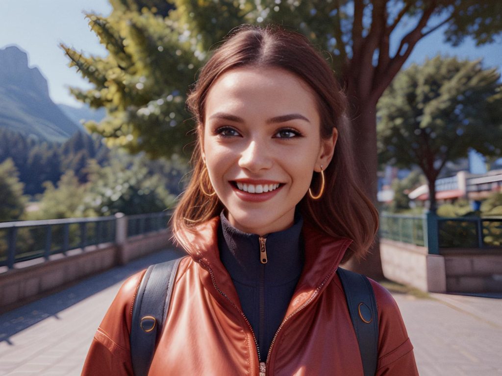 A stylish woman with shoulder-length brown hair beams in a red jacket and hoop earrings. A chic backpack completes her look against a scenic backdrop of trees and mountains on a sunny day.