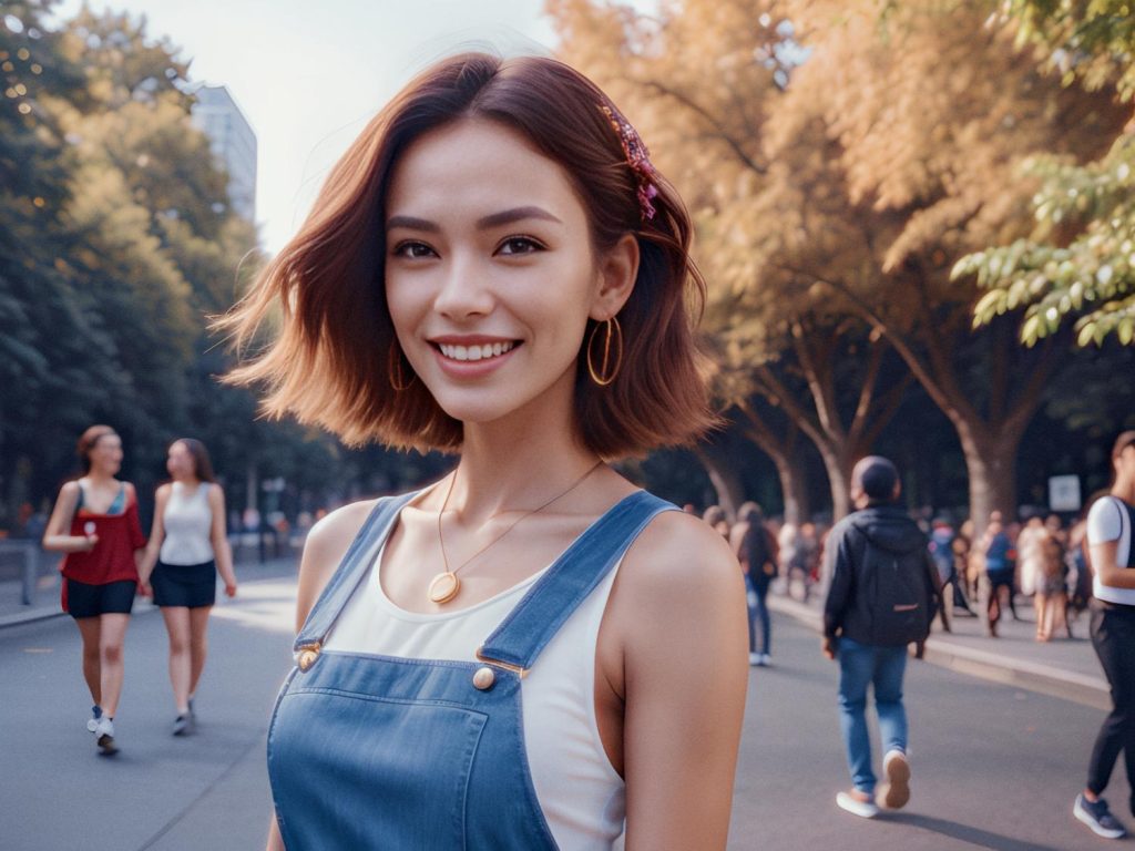 A stylish woman with shoulder-length hair, wearing classic blue denim overalls and a crisp white top, radiates joy on a tree-lined street. Her chic Neoprene Messenger Bag is the perfect accessory for on-the-go explorers, blending fashion and function flawlessly.