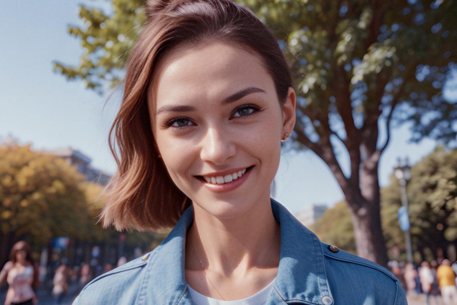 A cheerful woman with short, light brown hair shines in a blue denim jacket and Neoprene Messenger Bag, poised to explore the vibrant park.