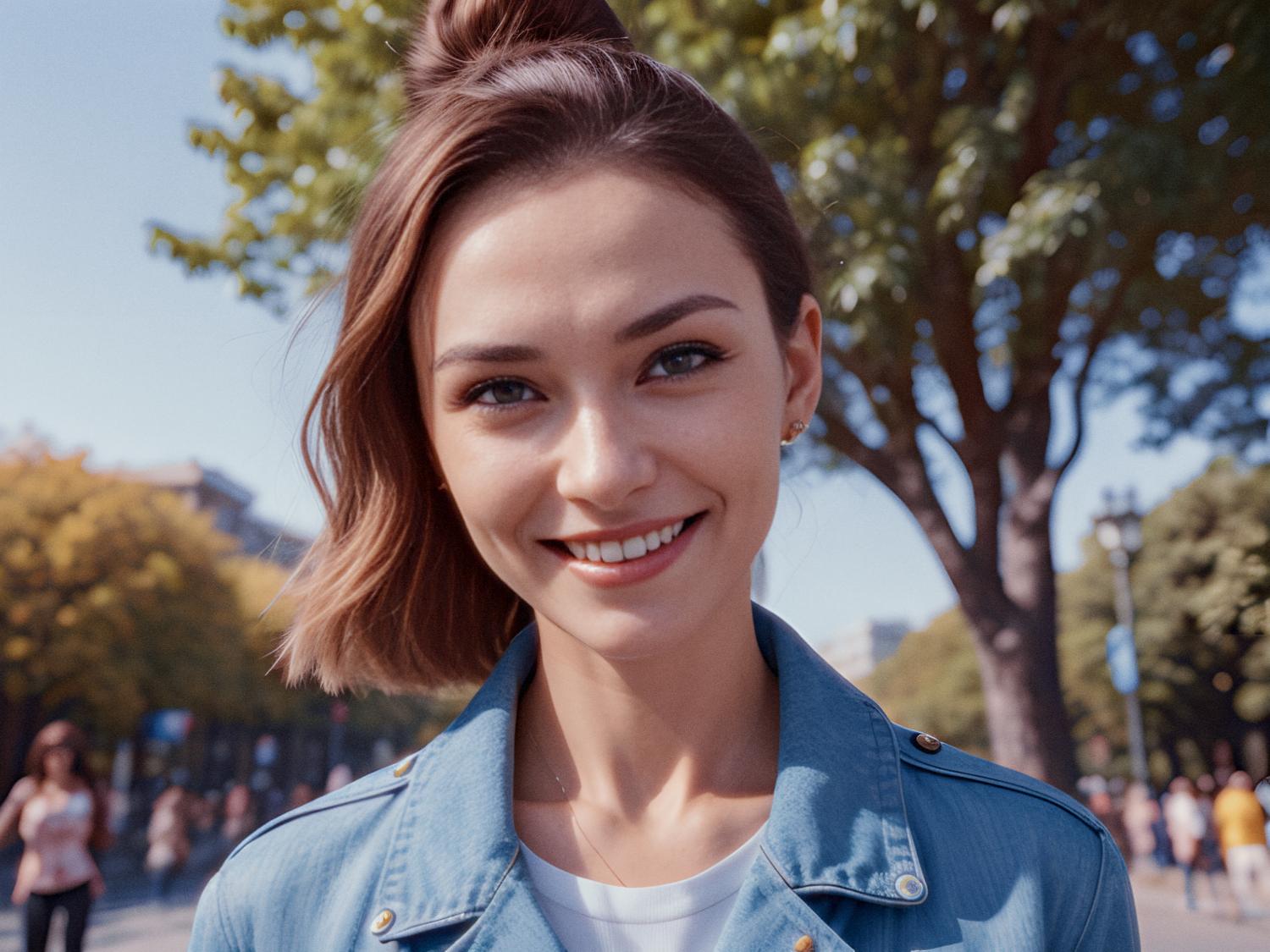 A cheerful woman with short, light brown hair shines in a blue denim jacket and Neoprene Messenger Bag, poised to explore the vibrant park.