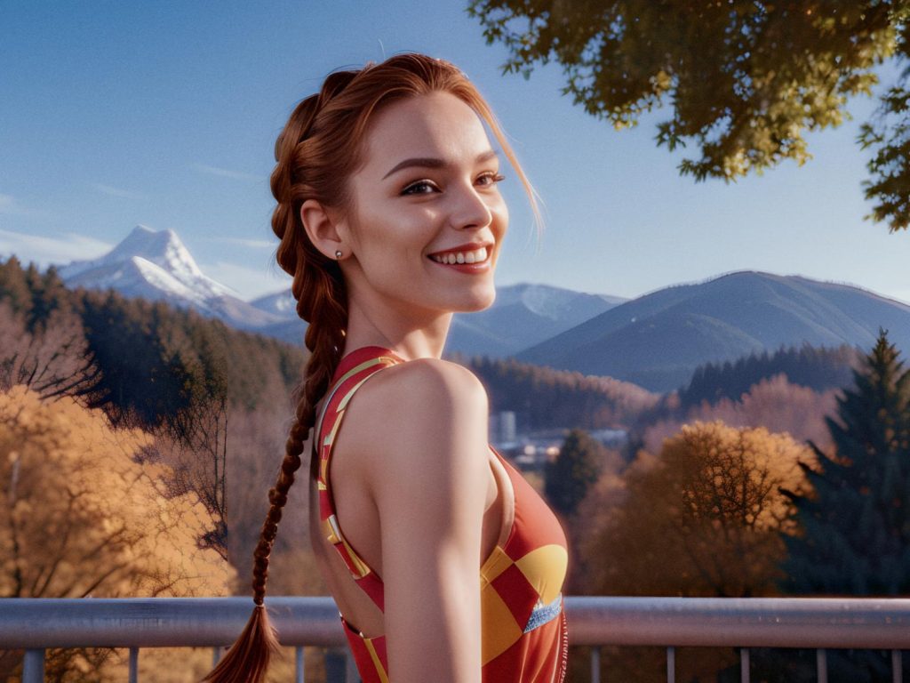 A smiling young woman with braided hair, dressed in an athletic outfit and showcasing an Ita Messenger Bag, stands against a scenic autumn mountain backdrop.