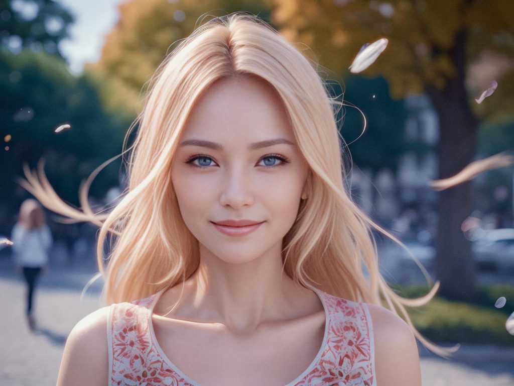 A woman with flowing blonde hair and striking blue eyes softly smiles, donning an intricately patterned sleeveless top. She exudes effortless style in a sunlit park, where leaves fall gently and people pass by in the background.