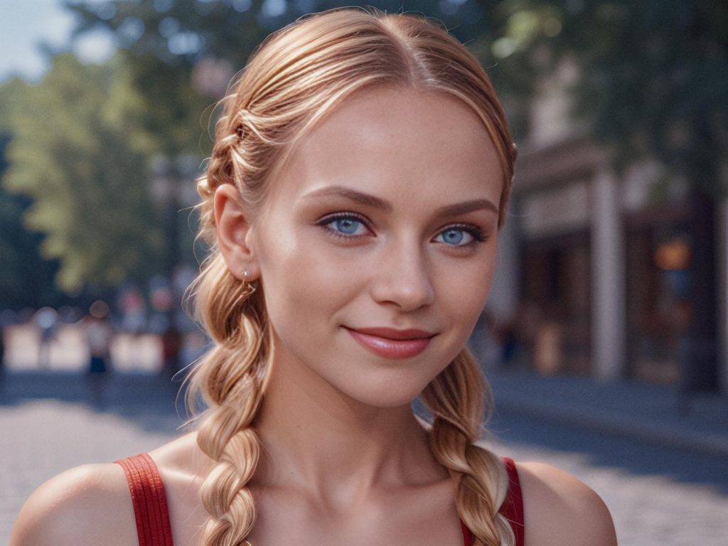 A young blonde woman with braided hair softly smiles, sporting a red tank top and trendy Ita Messenger Bag. Natural beauty meets stylish flair in an outdoor setting.