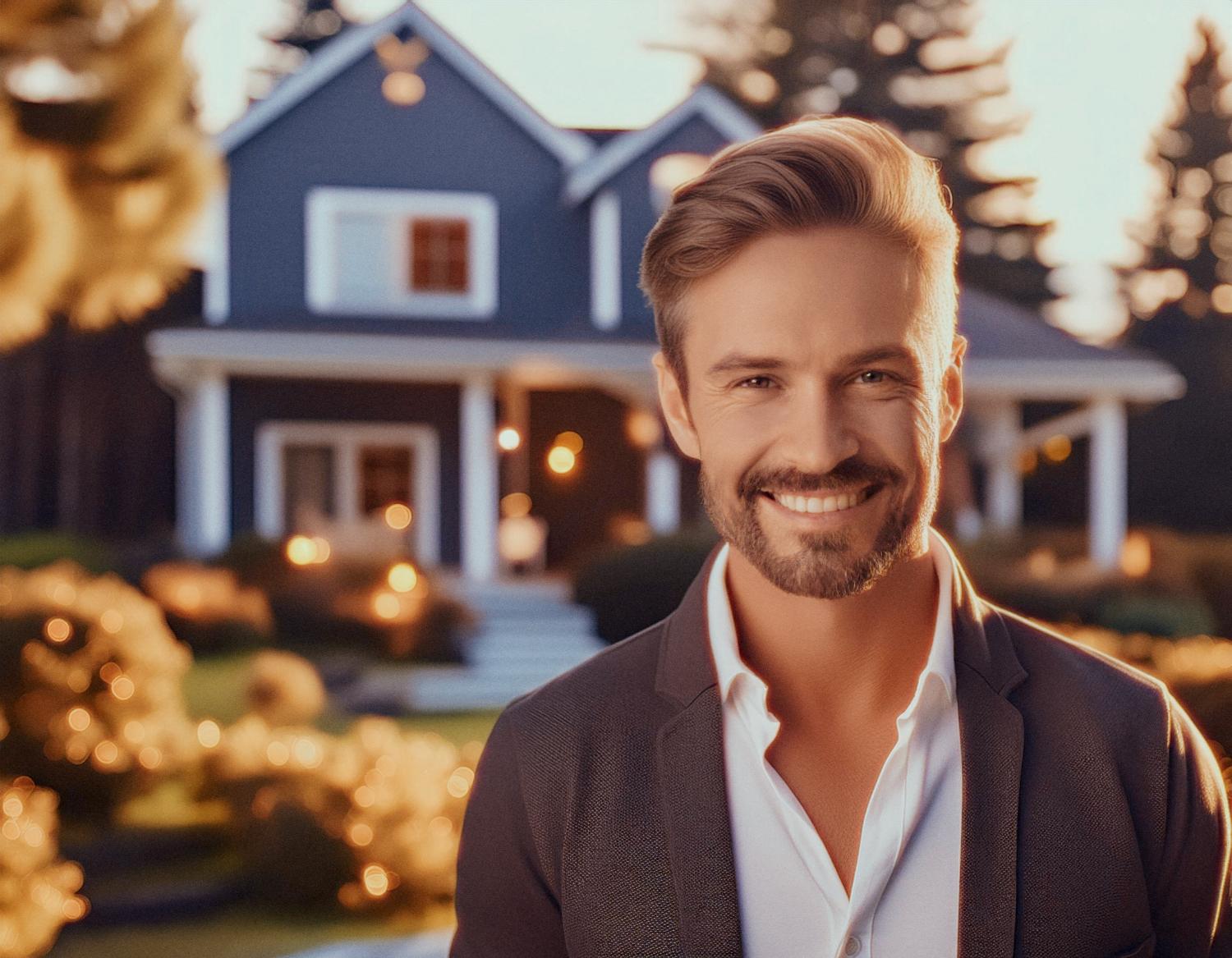 A smiling man with short brown hair and a beard stands confidently in front of a charming blue house. His crisp white shirt and dark blazer exude timeless style, perfect for transitioning from the office to home. The warm glow from the windows adds a cozy backdrop to this chic daily commute moment.