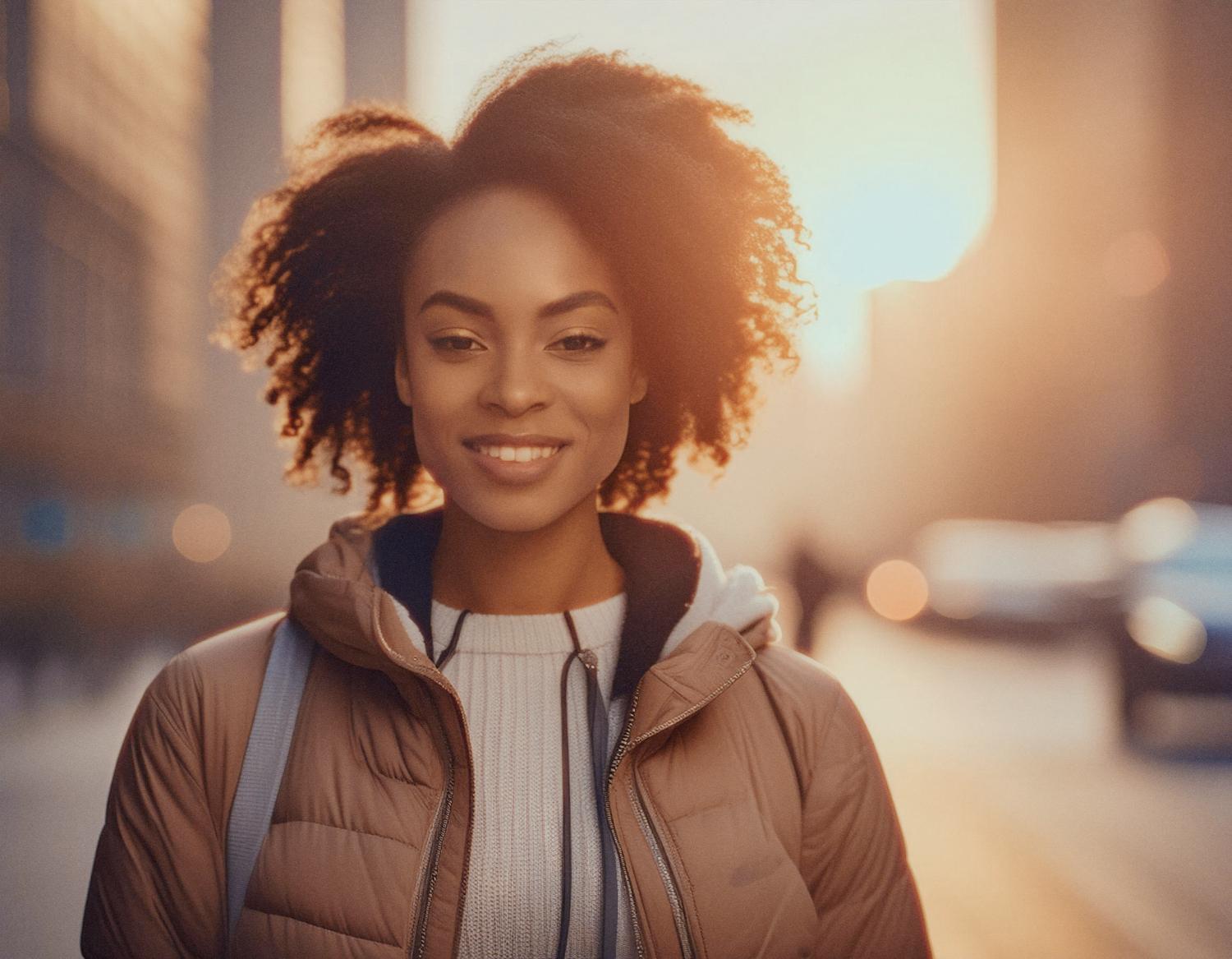 A person with curly hair beams on a city street at sunset, rocking a tan puffer jacket, white sweater, and stylish Mobile Edge Bag. Golden hour glow.