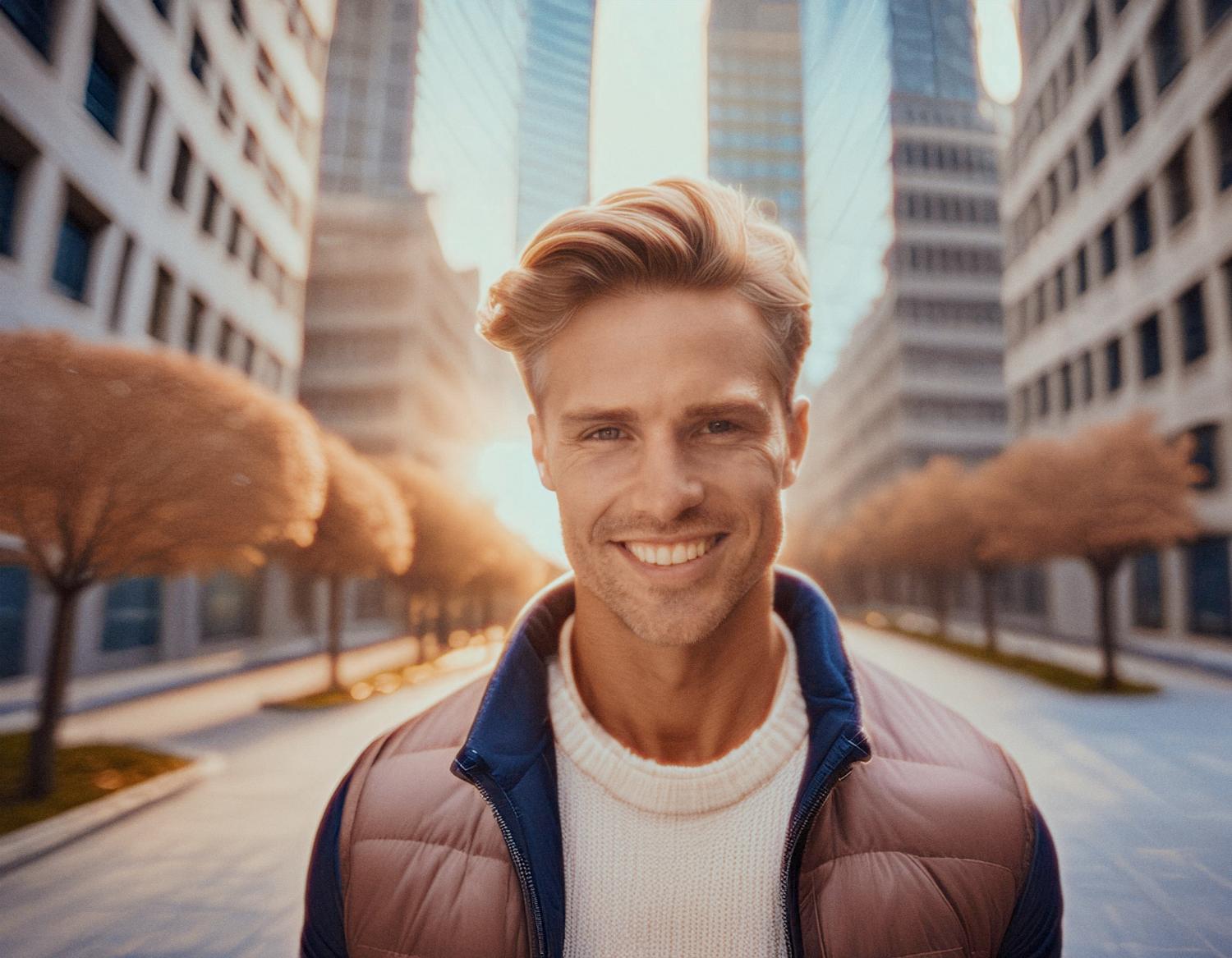 A stylish man with blonde hair beams against an urban sunset, modern buildings, and leafless trees. His Mobile Edge Bag and chic jacket-sweater combo complete the perfect commuter look.