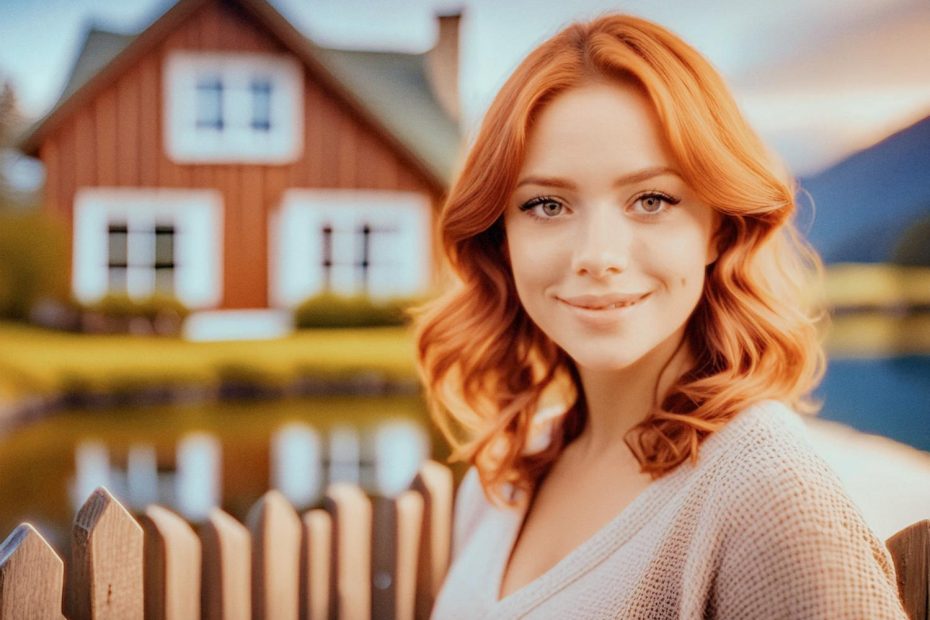 A woman with vibrant red wavy hair radiates joy, effortlessly chic in front of a quaint red and white house by the water. Her Mobile Edge Bag adds a stylish touch to her laid-back look.
