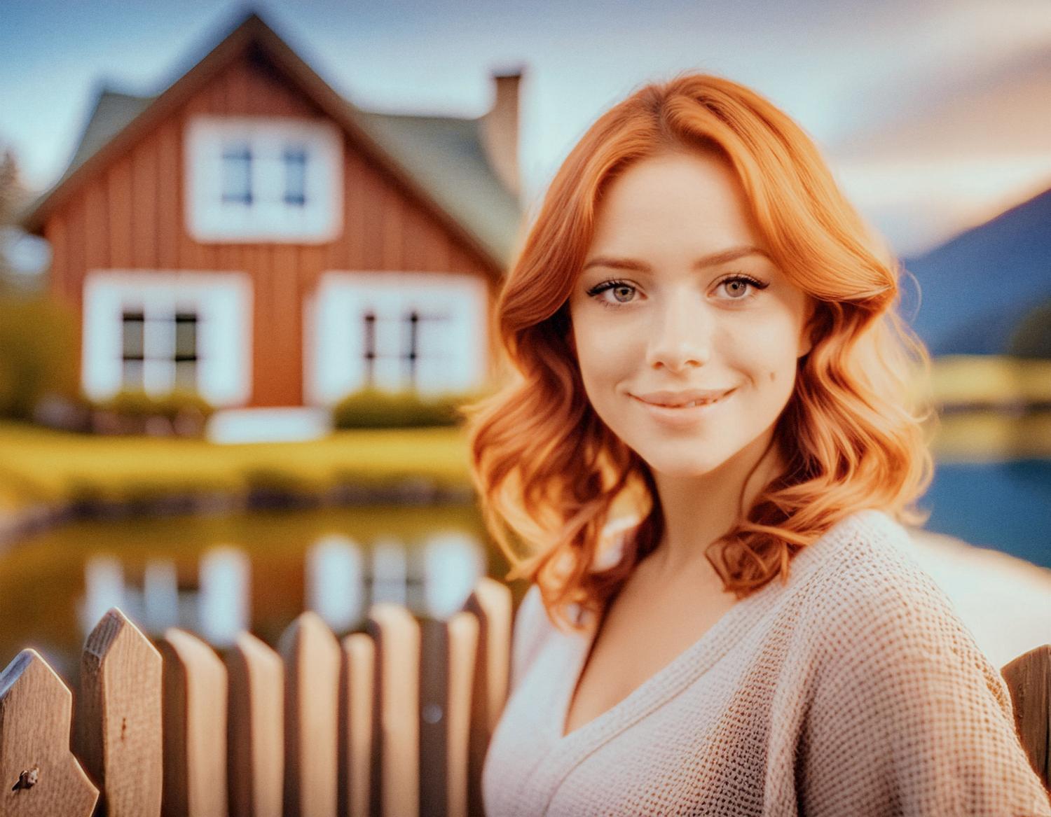 A woman with vibrant red wavy hair radiates joy, effortlessly chic in front of a quaint red and white house by the water. Her Mobile Edge Bag adds a stylish touch to her laid-back look.