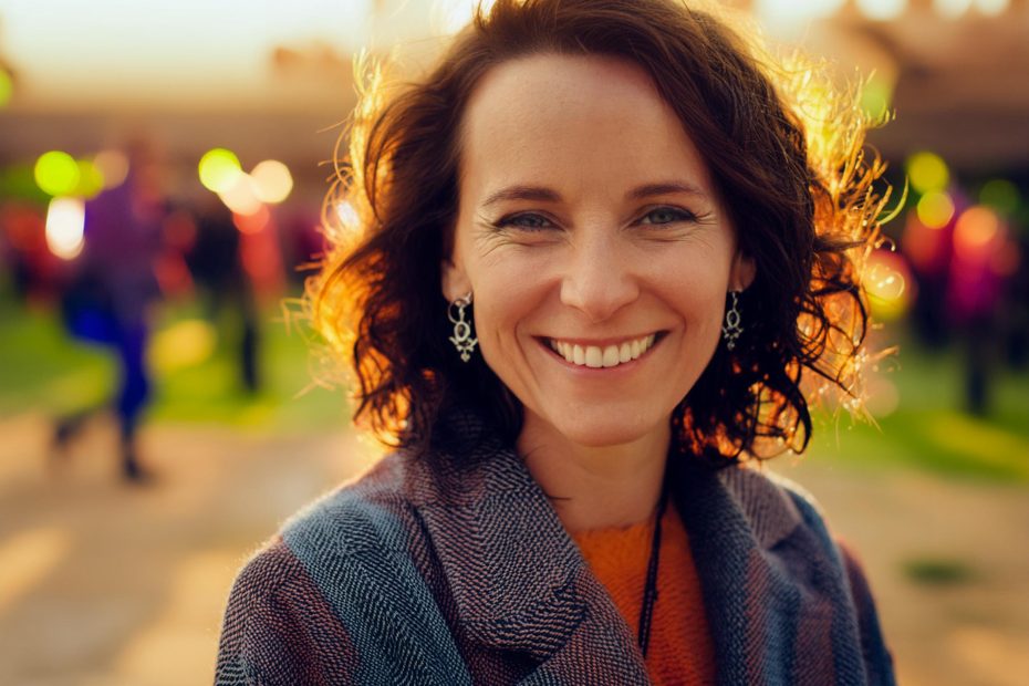 A woman with curly hair beams, wearing a chic textured coat. Her vibrant Ita Messenger Bag stands out at a colorful sunset festival, merging personal flair with current fashion trends.