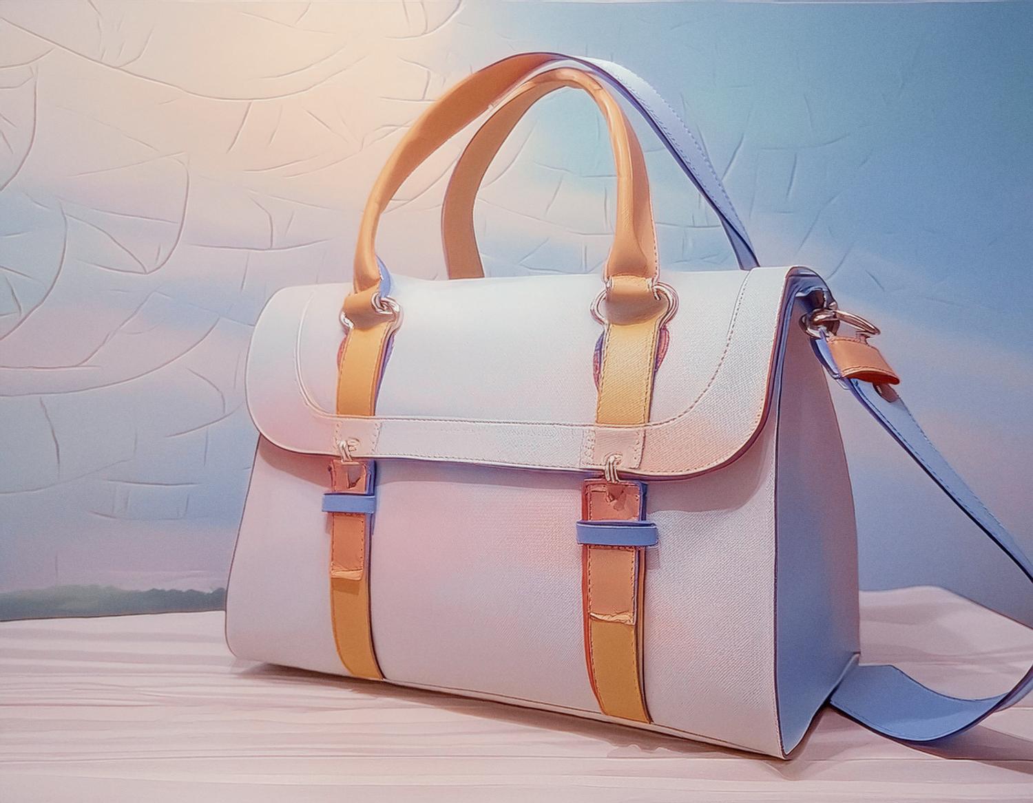 A chic Michael Kors Bradshaw Medium Leather Messenger Bag, adorned in pastel tones with yellow and blue accents. Dual handles and a shoulder strap, set against a soft blue and peach backdrop. Perfect blend of style and function!