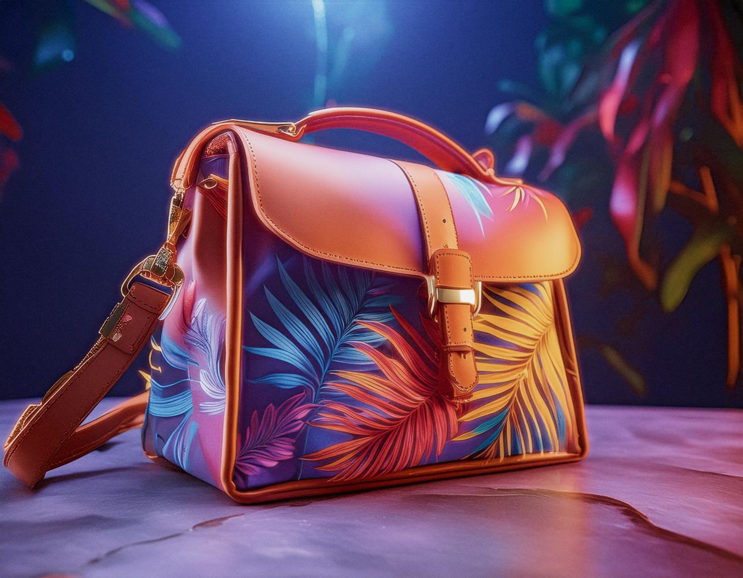 A chic handbag adorned with a vibrant tropical leaf pattern in blue, orange, and red. Crafted from full-grain leather with gold hardware, set against dreamy soft lighting.