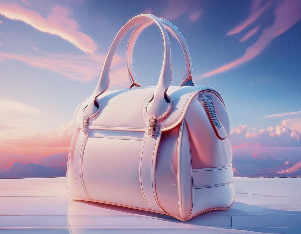 A chic white full-grain leather handbag with elegant curved handles against a sunset sky of pink, purple, and orange hues. Dreamy and serene.