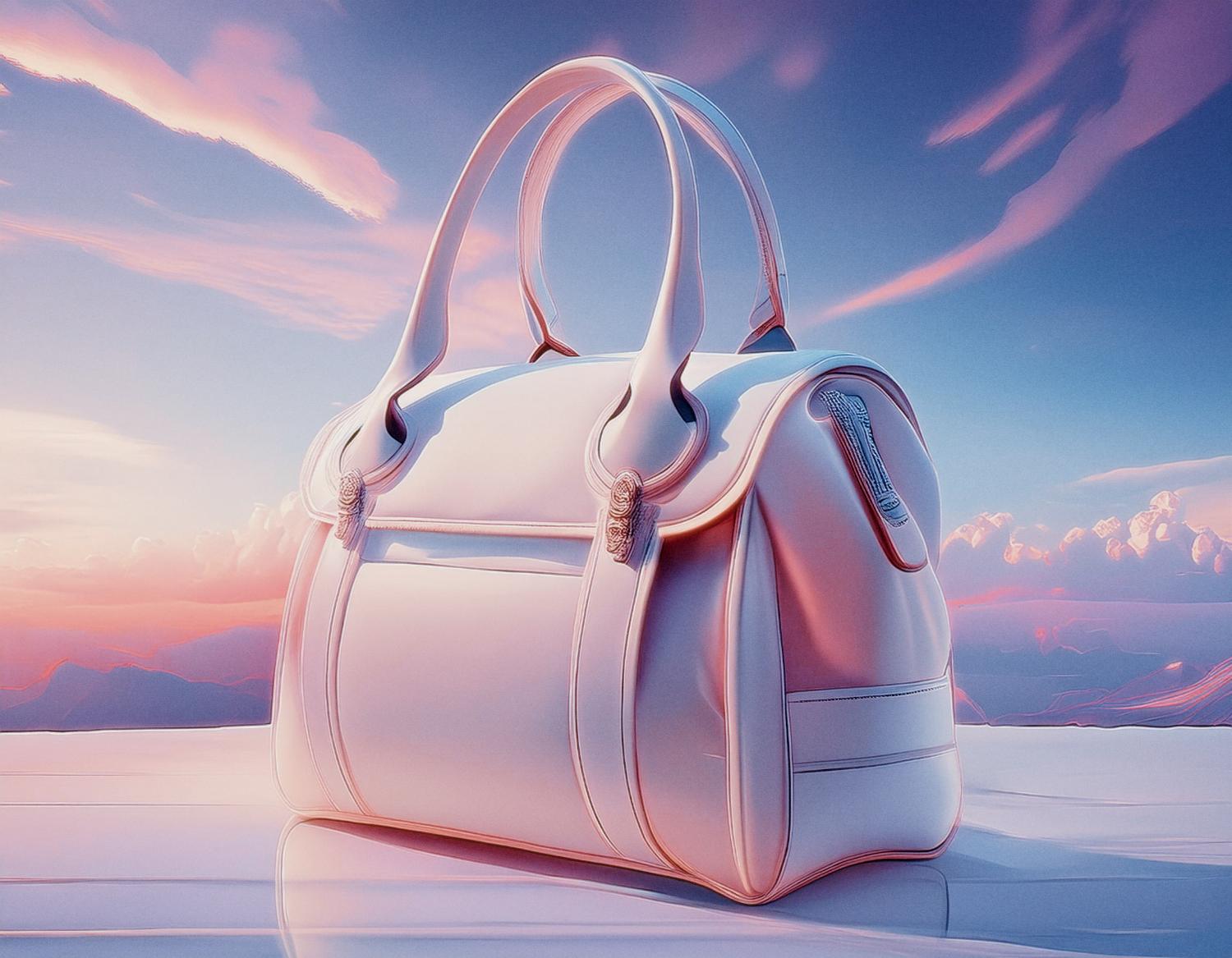 A chic white full-grain leather handbag with elegant curved handles against a sunset sky of pink, purple, and orange hues. Dreamy and serene.