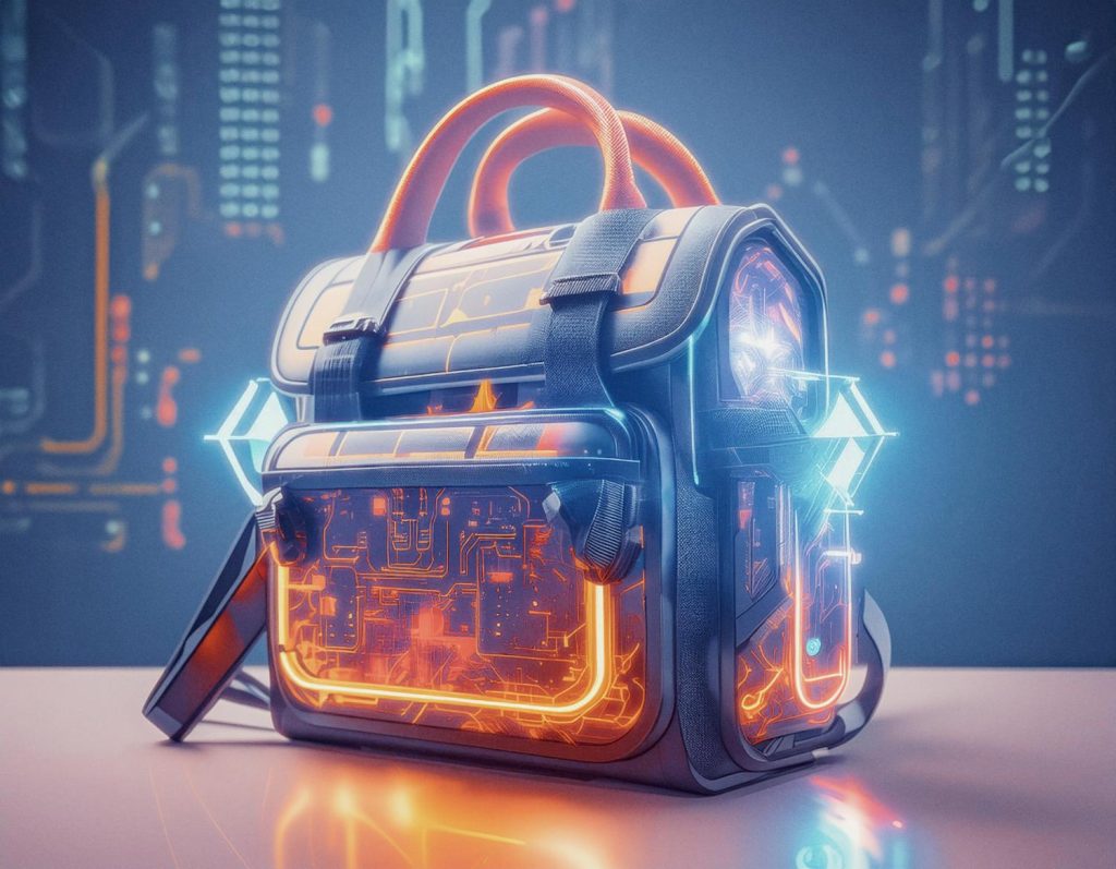 A futuristic backpack with glowing neon lights and intricate circuitry patterns sits on a reflective surface against a blurred, high-tech backdrop. The sleek design and transparent sections showcase internal components, making it the ultimate style statement for the modern nomad.