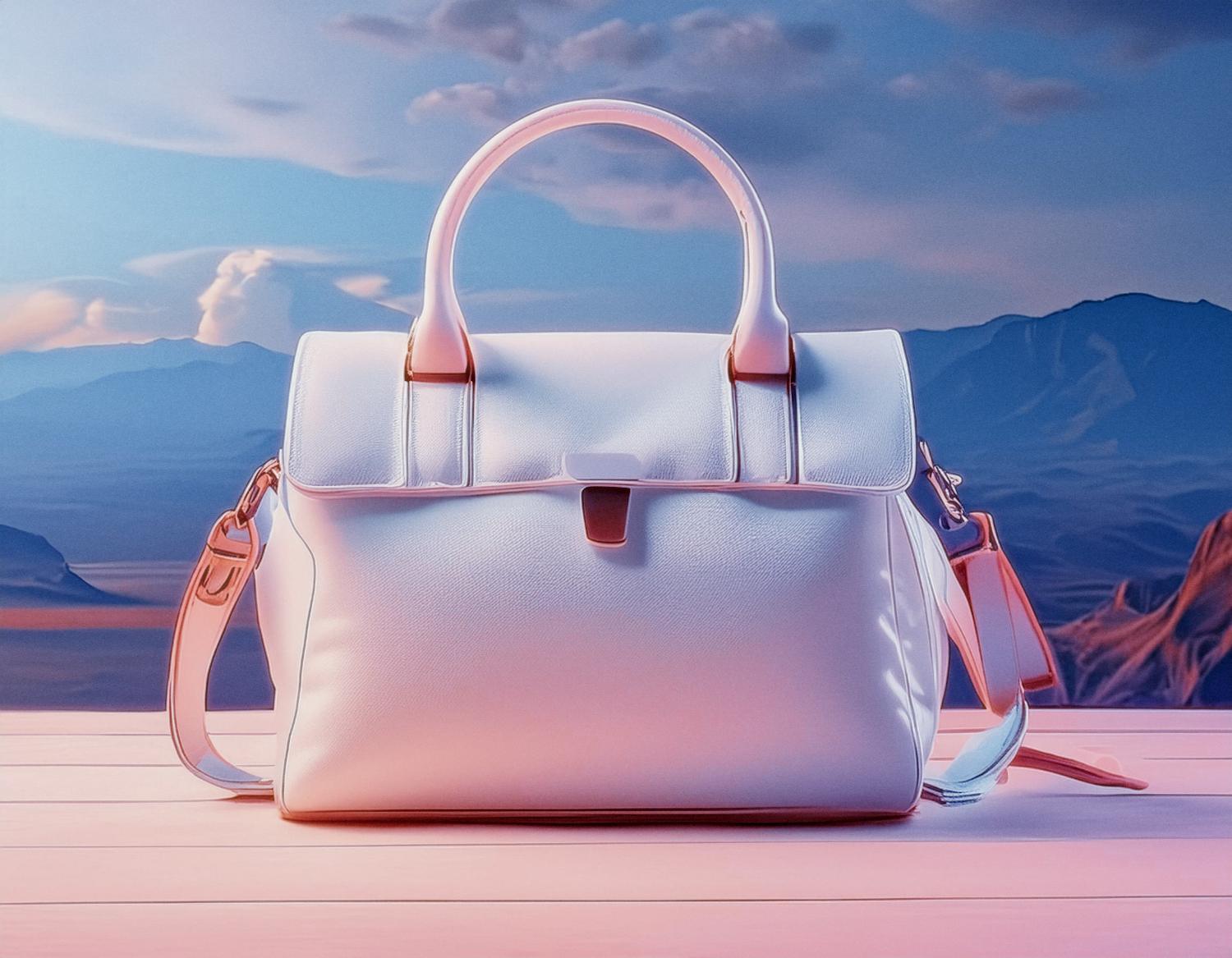 A sleek pastel handbag with dual handles and a shoulder strap, set against a serene mountain backdrop. Gucci Neo Vintage style blends elegance and versatility for any occasion.