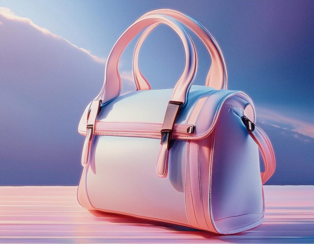 A stylish, glossy pastel handbag with a curved neo-vintage Gucci design. Set against dreamy pink and blue hues, it epitomizes modern luxury.