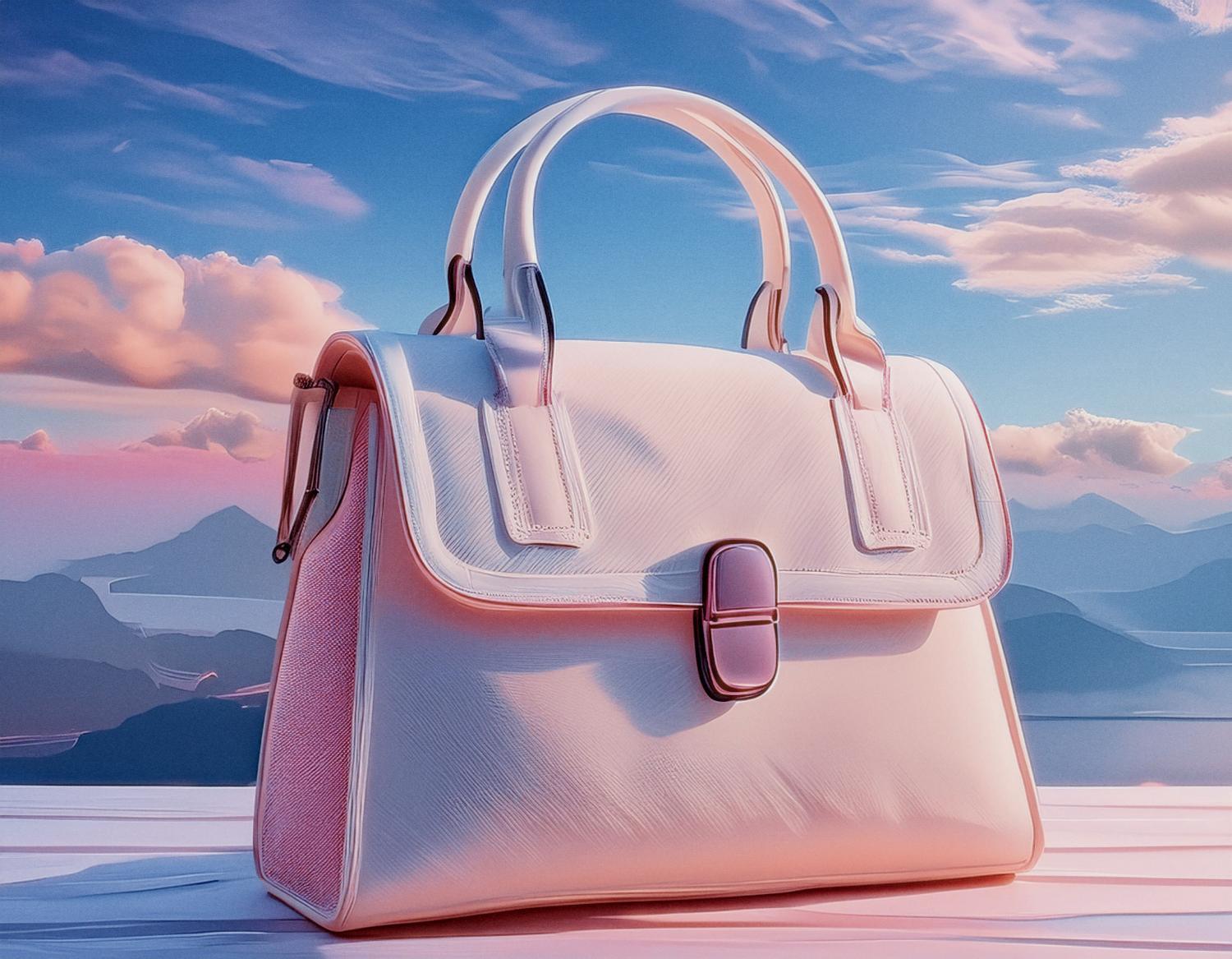 Chic white handbag with elegant handles and a front buckle, resting on wood; reversible design. Gorgeous mountain view contrasts fashionably.