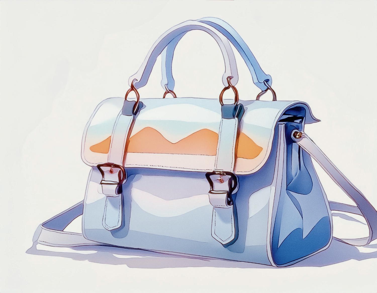 Illustrated image of a chic handbag with light blue and white sections. Features a flap with buckles, a handle, and a detachable shoulder strap—perfect for modern minimalist style.