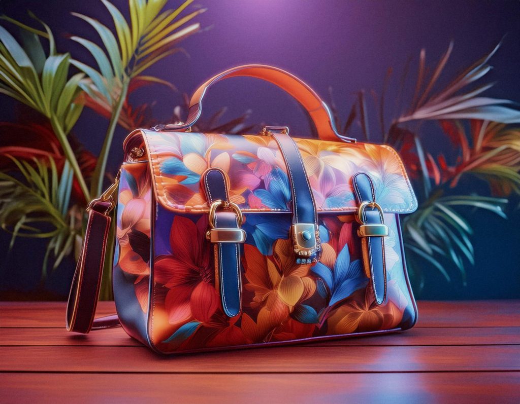 A vibrant floral handbag with shades of red, orange, blue, and yellow. Adorned with a top handle, buckled front flap, and charm. Set against tropical palm leaves and gradient lighting for an exquisite style statement.