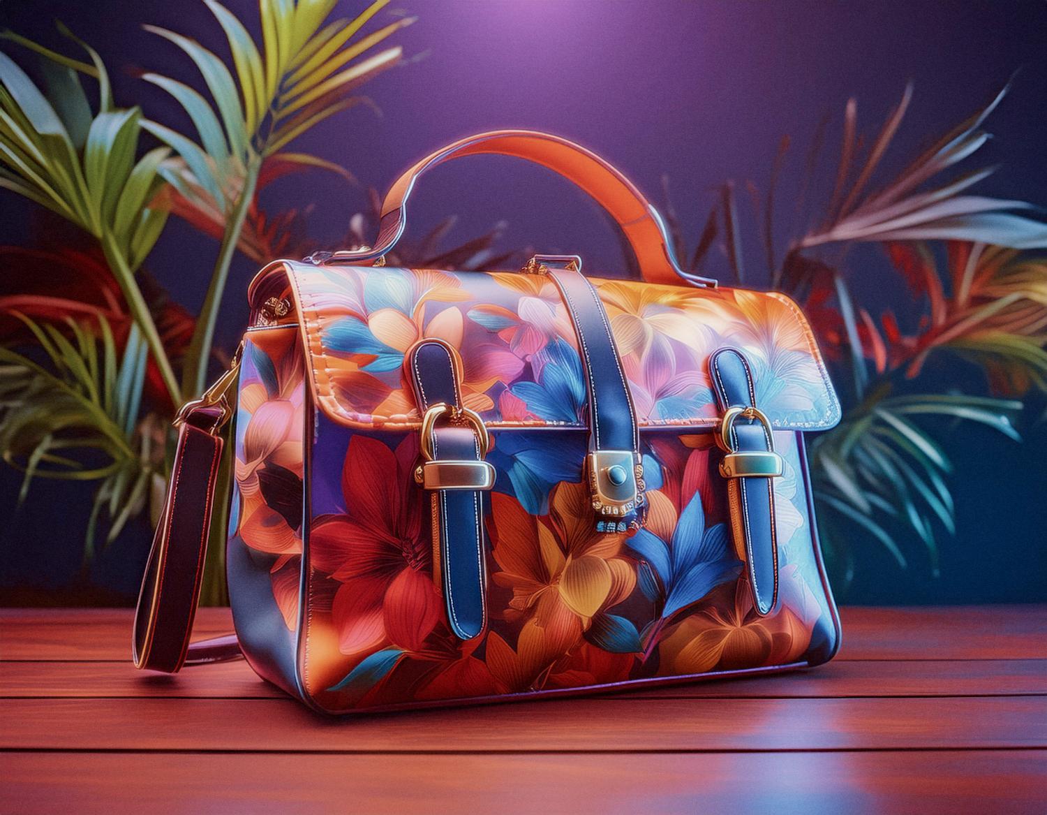 A vibrant floral handbag with shades of red, orange, blue, and yellow. Adorned with a top handle, buckled front flap, and charm. Set against tropical palm leaves and gradient lighting for an exquisite style statement.