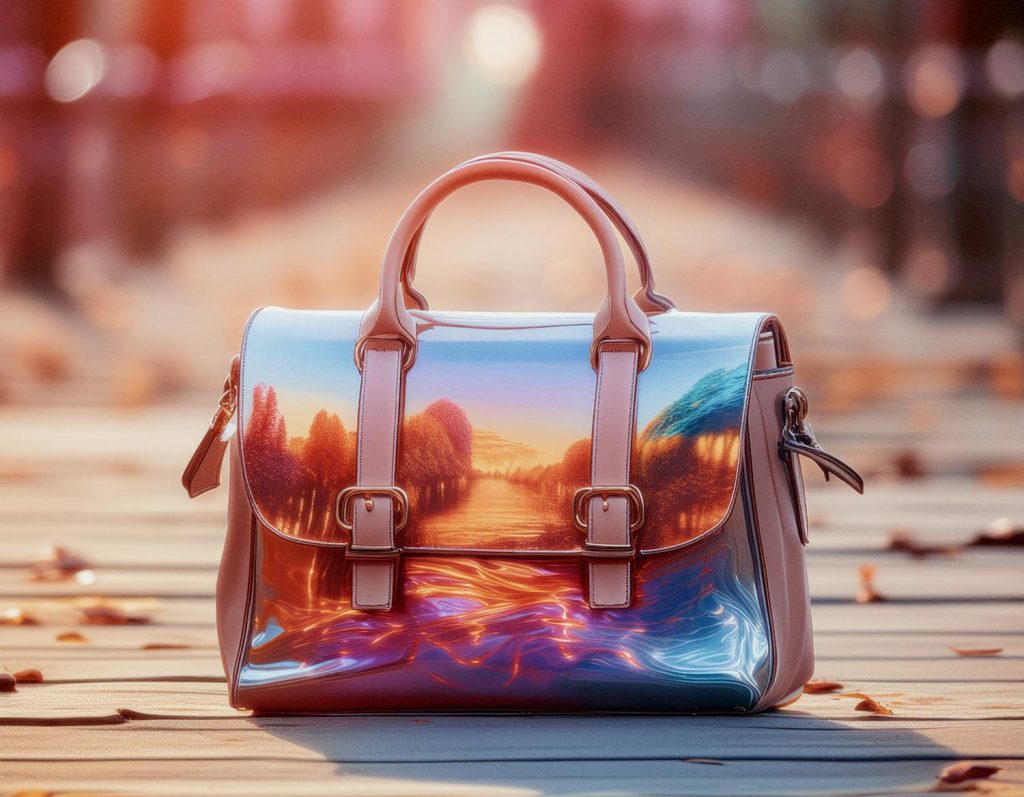 A chic handbag with a glossy finish and serene river-and-trees design, echoing camo messenger bags, sits on a wooden surface amidst blurred autumn leaves.