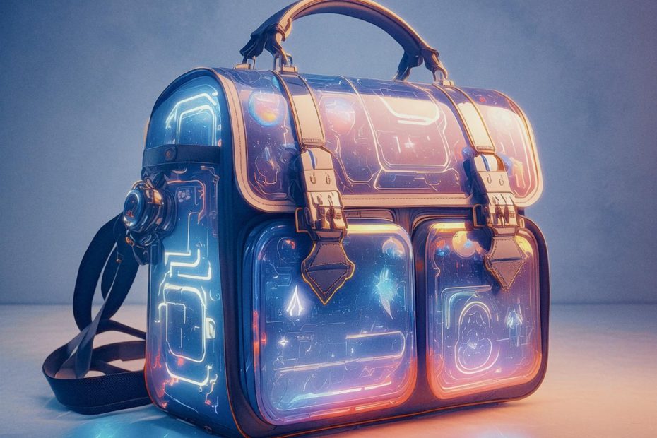 A futuristic PUMA messenger bag with a glossy, holographic surface in neon blue and orange patterns. Multifunctional, sleek black strap; sci-fi chic against a dimly lit blue-gray gradient background.