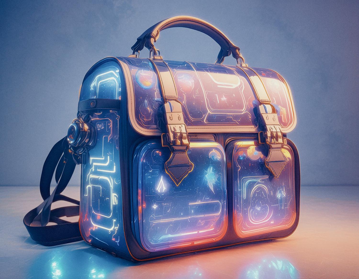 A futuristic PUMA messenger bag with a glossy, holographic surface in neon blue and orange patterns. Multifunctional, sleek black strap; sci-fi chic against a dimly lit blue-gray gradient background.