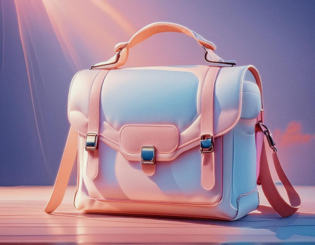 A chic light pink leather satchel with top handle, front buckles, and clasp flap sits on a glossy surface. Soft lighting amplifies its elegance.