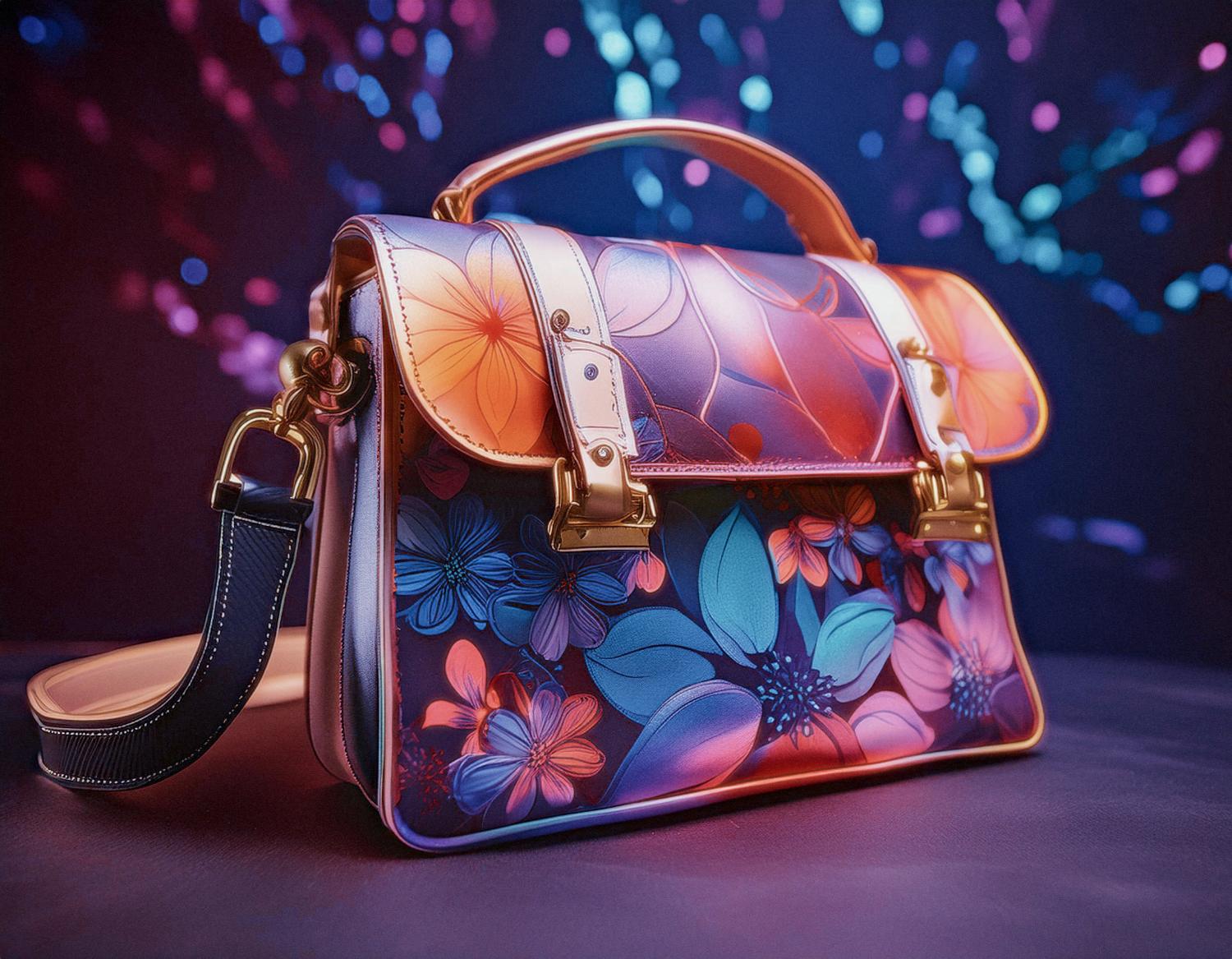 A vibrant shoulder bag with a floral pattern in purple, blue, orange, and pink. It features a tan leather handle, gold hardware, and detachable strap against a backdrop of colorful blurred lights. Fashion-forward and chic.