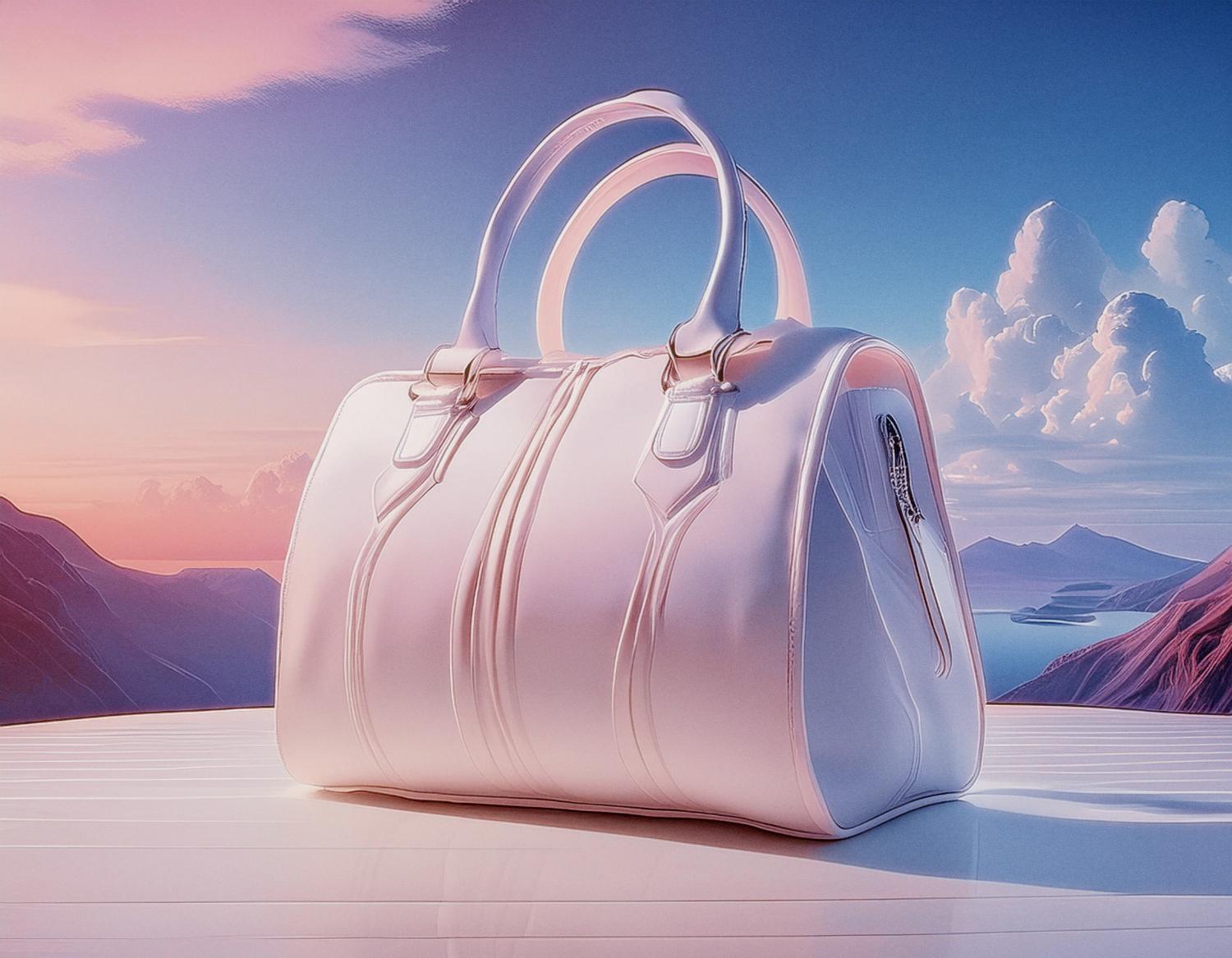 A chic, white Michael Kors Bradshaw handbag with sleek curves and sturdy handles stands out against a pastel sunset mountain landscape. Stylish serenity.