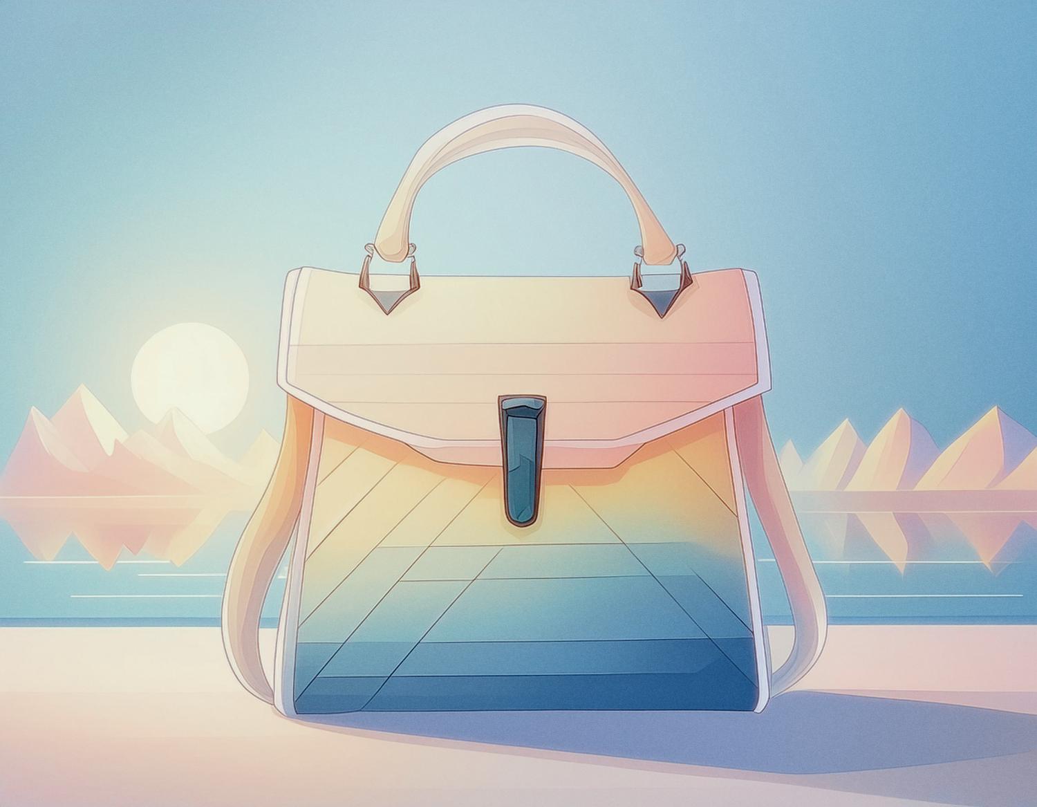 Vibrant handbag with geometric patterns in blue, yellow, and pink. Set against a pastel mountain sunset, it’s reminiscent of the Bradshaw Medium Leather Messenger Bag by Michael Kors.