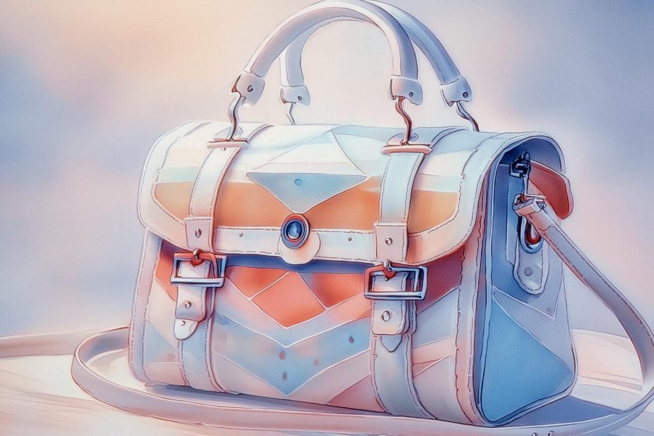 Michael Kors Bradshaw Medium Leather Messenger Bag in pastel blue, orange, and beige. Geometric pattern elevates the structured design with dual buckles, a top handle, and an adjustable shoulder strap-perfect for the modern trendsetter.