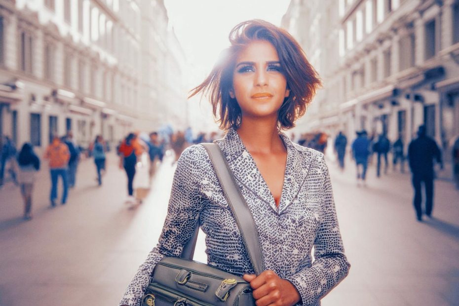 A confident woman with chic short hair stands on a bustling street, rocking a patterned blouse and grey leather messenger bag. Urban style at its best!