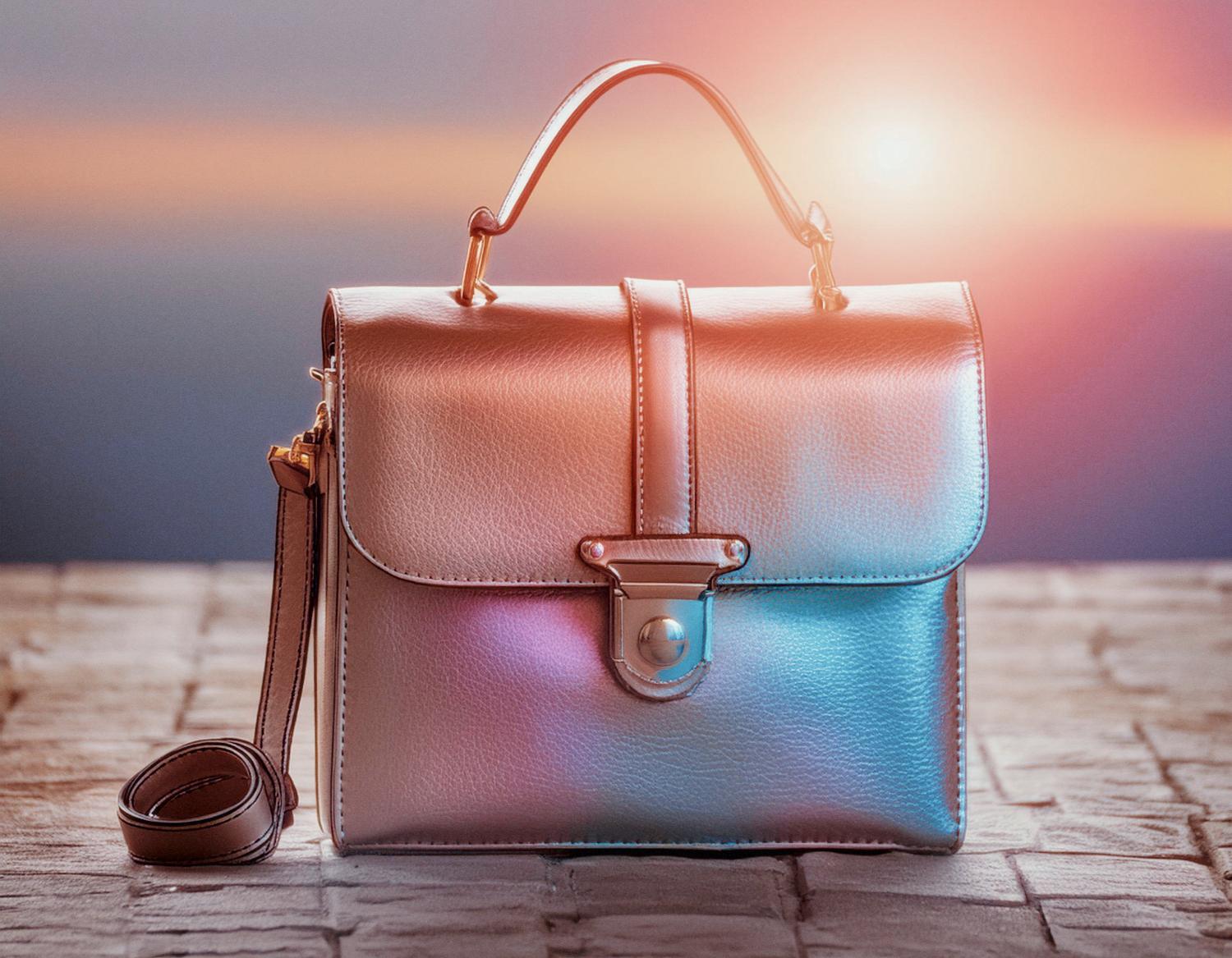 A chic metallic handbag crafted from full-grain leather shimmers in soft light, featuring a top handle, front clasp, and stylish side strap. Background has a warm sunset glow.