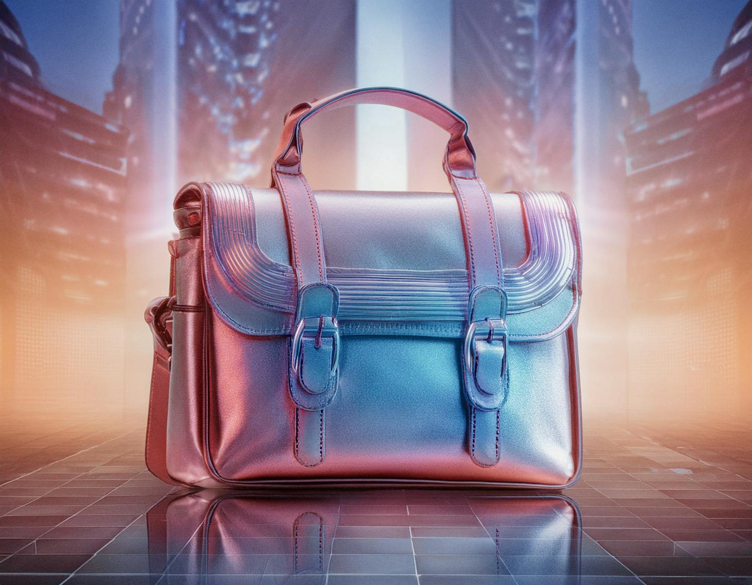 Chic metallic pastel handbag with buckled flap and top handle in a neon-lit, futuristic cityscape. A modern twist on classic messenger bags.