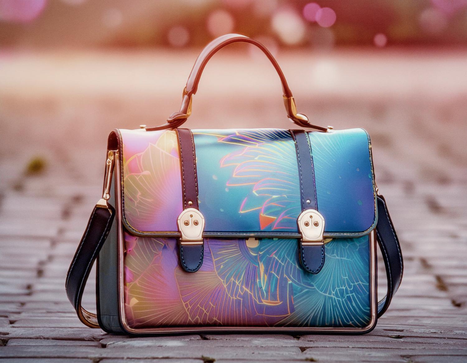 A chic Michael Kors handbag flaunting a vibrant abstract pattern in blues, pinks, and purples. Structured with gold buckles and an adjustable strap, it rests stylishly on cobblestones.