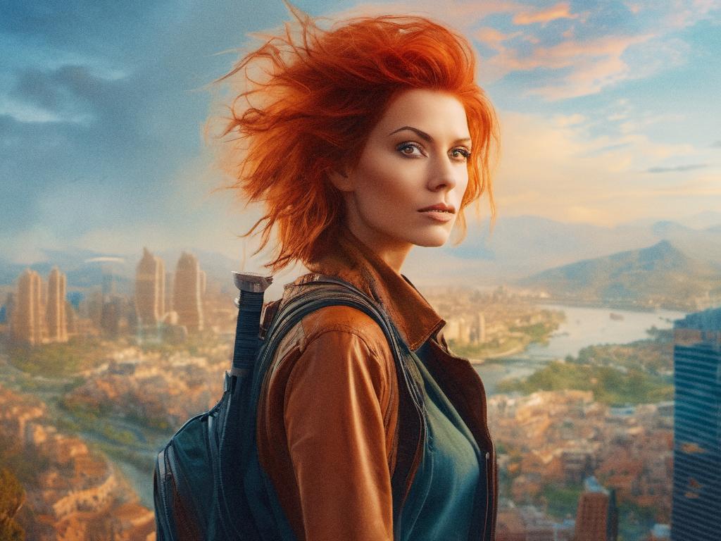 A person with vivid red hair stands against a futuristic cityscape at sunset, rocking a brown leather jacket and a sleek TUMI backpack, epitomizing modern urban style.