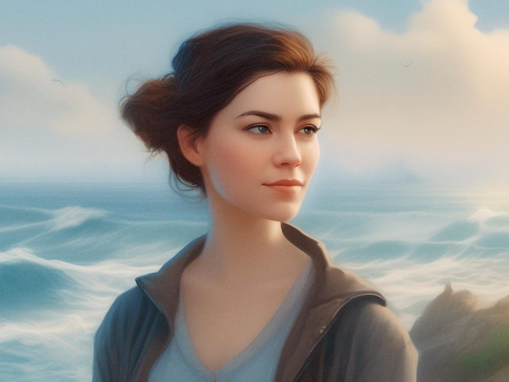 A stylish young woman with dark, pulled-back hair gazes thoughtfully into the distance, wearing a chic blue top, jacket, and large messenger bag. Rugged waves crash against rocks behind her under a dramatic sky.