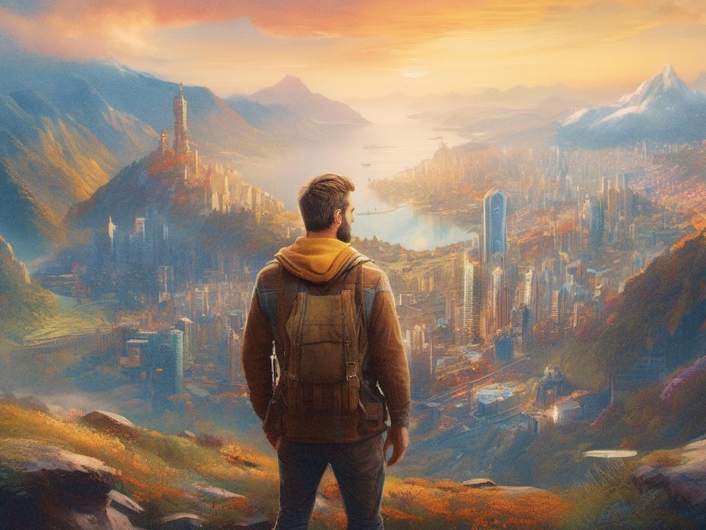 A stylish man with a rugged messenger bag stands on a hill, gazing at a city bathed in sunset glow. The mountains and river elevate the picturesque urban landscape.