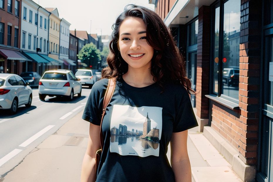 A person with long, dark hair and a beaming smile stands on a sunlit city sidewalk. Their black T-shirt flaunts a skyline graphic, perfectly paired with a chic canvas messenger bag.