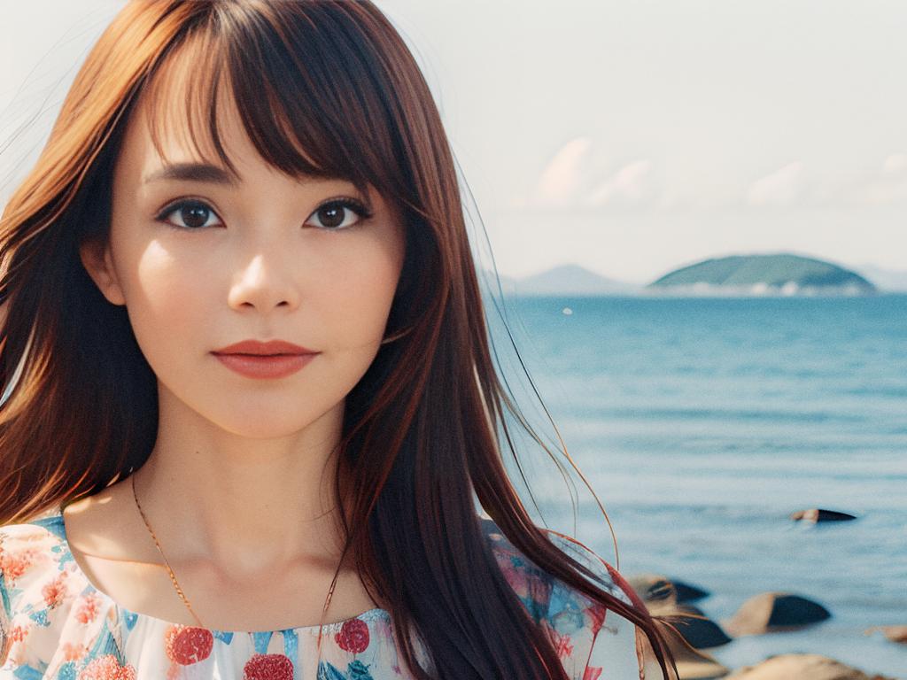 A young woman with long brown hair stands on a rocky beach, wearing a patterned top and showcasing our stylish canvas messenger bag. Her gentle smile and the soft sunlight create a captivating scene, blending fashion with nature's tranquility.