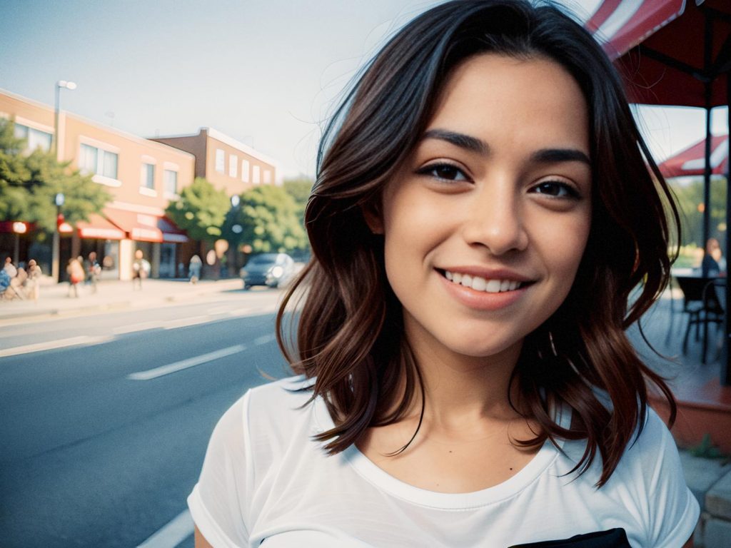 A smiling woman with shoulder-length brown hair on a vibrant city street, rocking a chic white shirt with a black pocket and a trendy canvas messenger bag. Shops and tree-lined sidewalks frame the bustling scene under a clear blue sky.