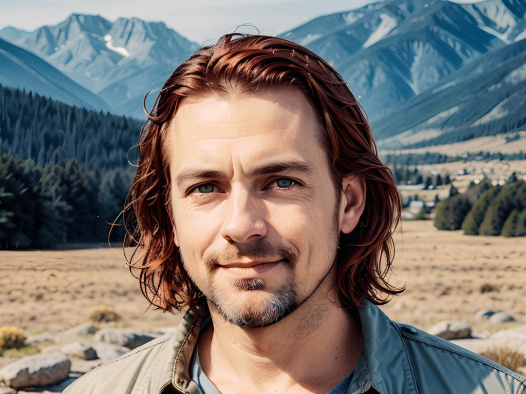A person with shoulder-length auburn hair and a light beard smiles, showcasing a stylish canvas messenger bag against breathtaking mountain scenery.