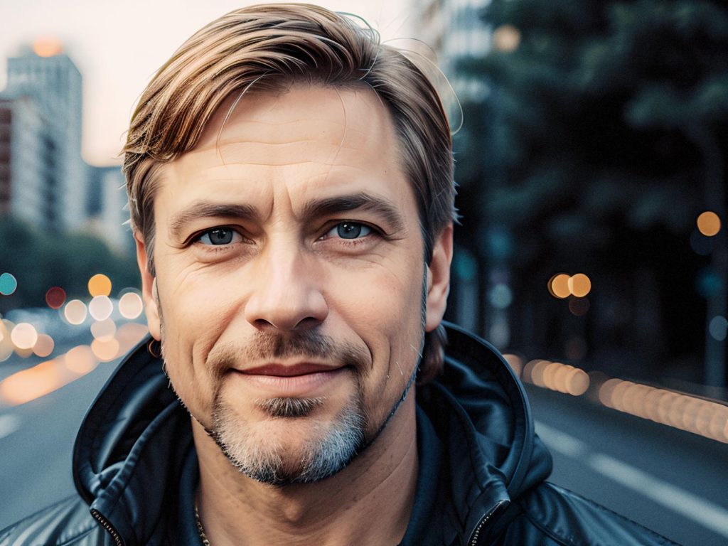 A stylish man with short blond hair and a light beard stands at dusk in a city street, wearing a black jacket and carrying the latest canvas messenger bag, an accessory trending for all genders. Blurred buildings and glowing bokeh lights frame him.
