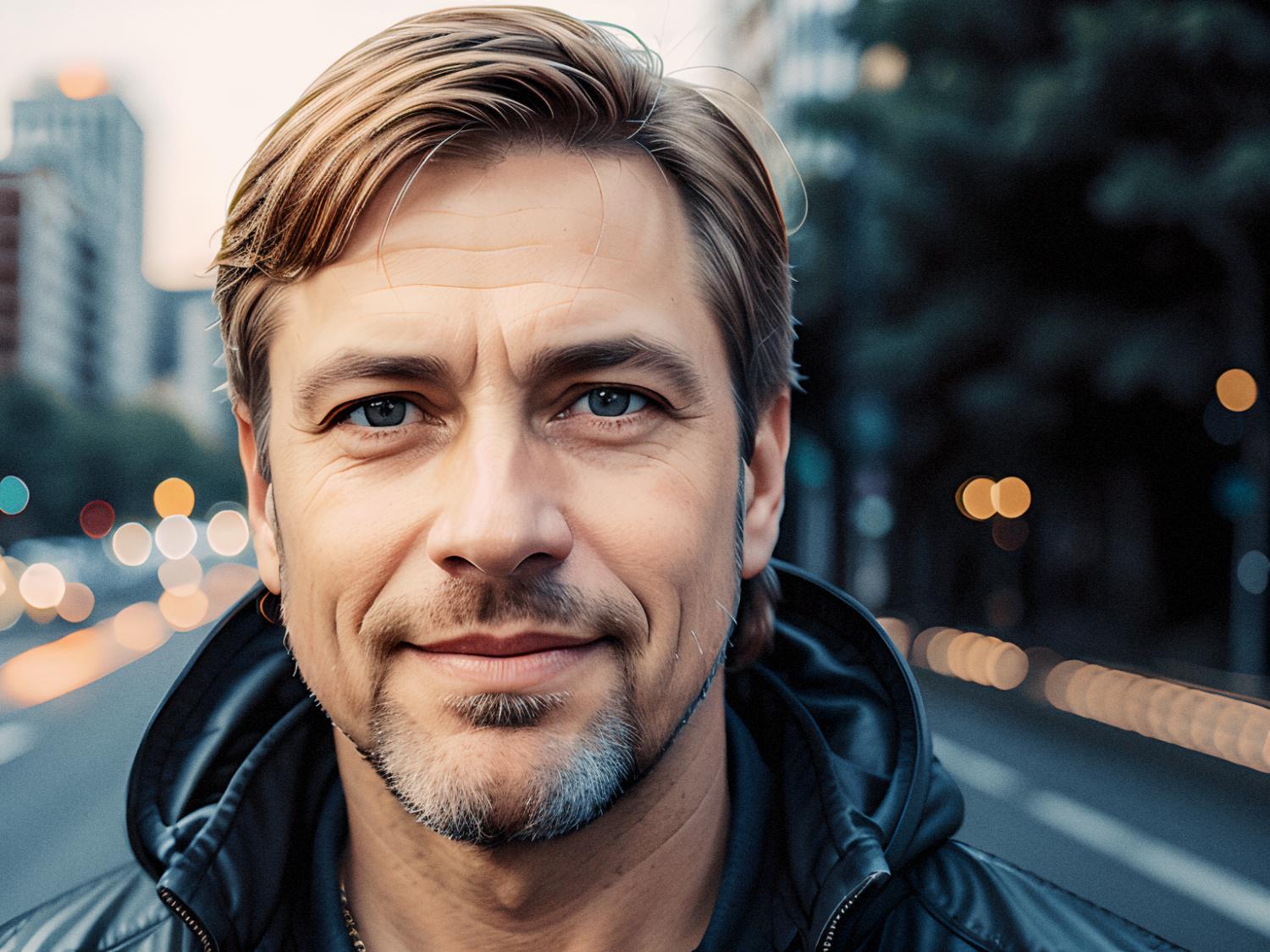 A stylish man with short blond hair and a light beard stands at dusk in a city street, wearing a black jacket and carrying the latest canvas messenger bag, an accessory trending for all genders. Blurred buildings and glowing bokeh lights frame him.