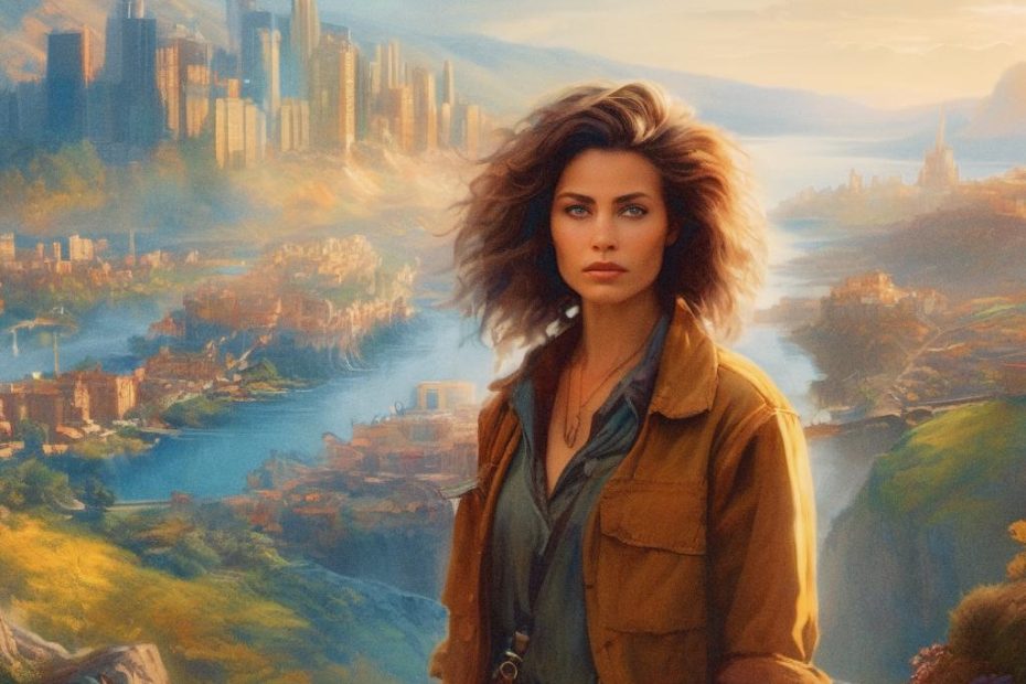 A stylish woman with wavy hair rocks an orange jacket and green shirt, accessorized with a classic messenger bag. Behind her, a picturesque fantasy landscape features a winding river through lush hills and a futuristic city skyline.